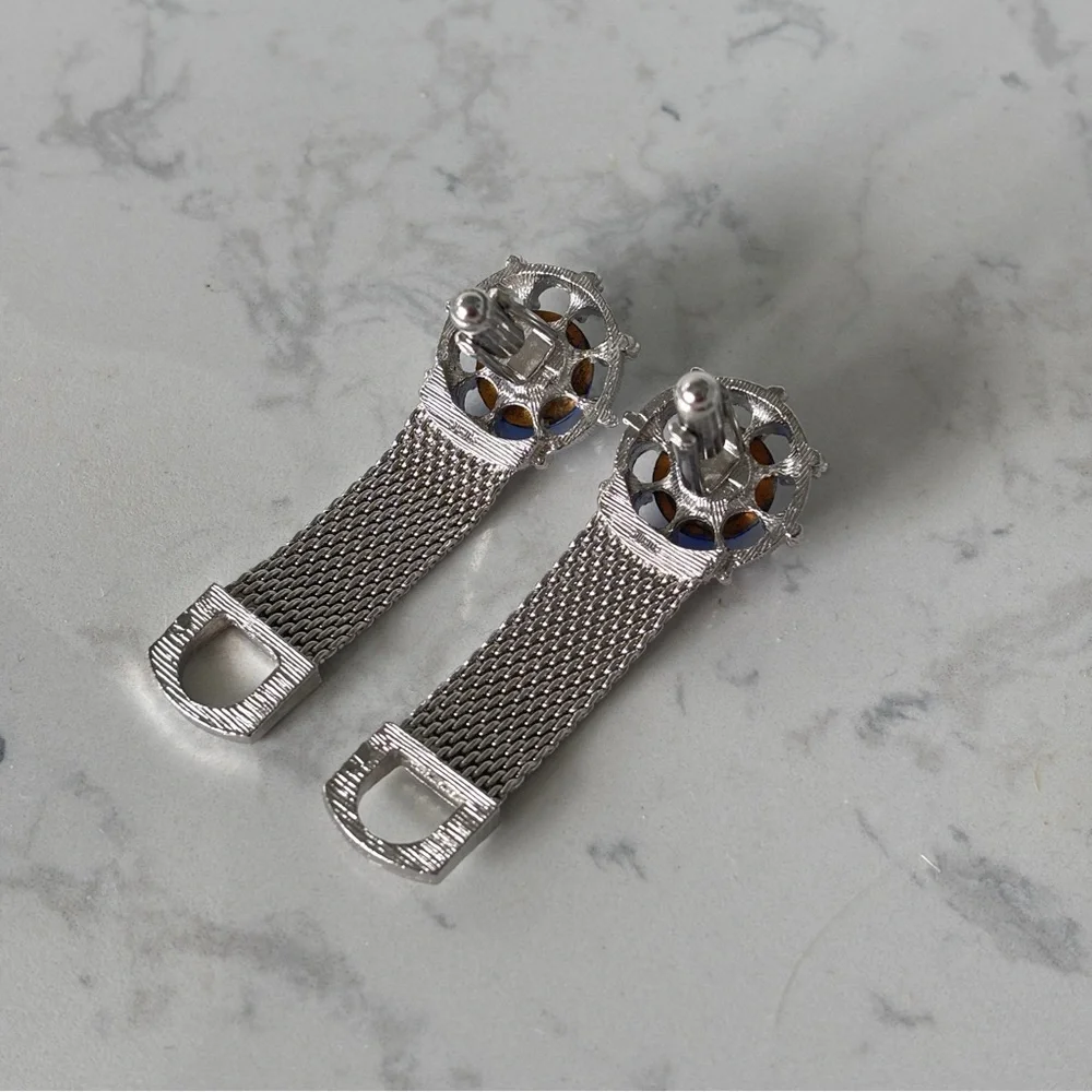 Vintage Swank Chain Mesh Blue Crystal Cufflinks-Silver Tone